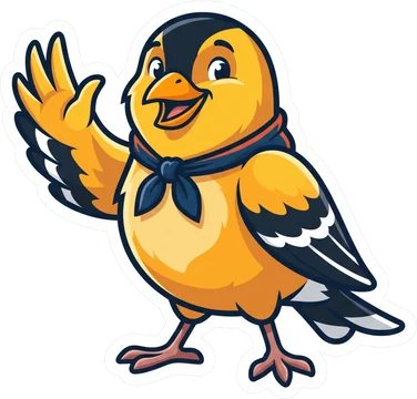 Pip the goldfinch waving hello